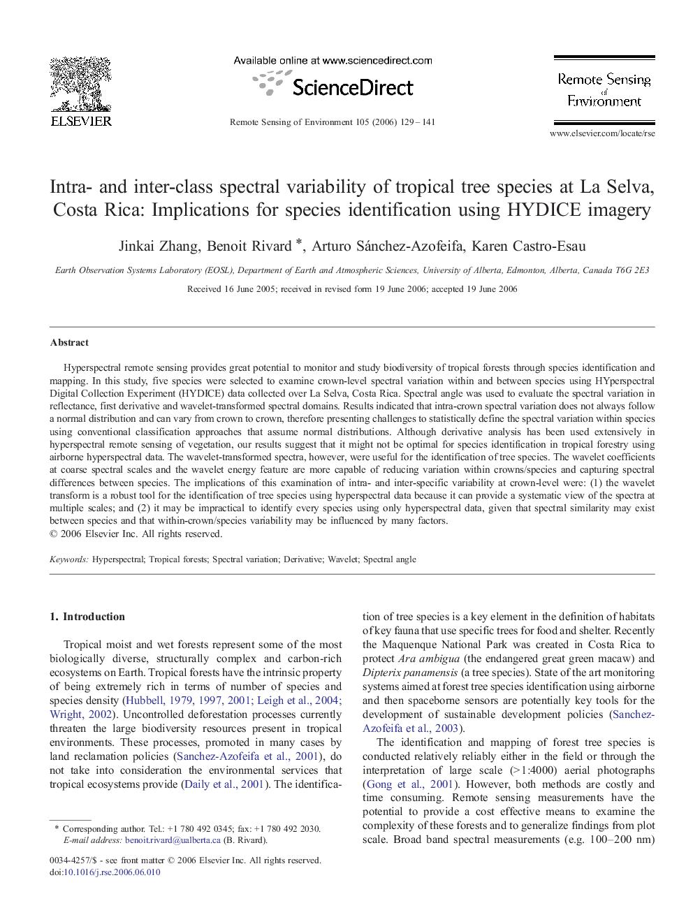 Intra- and inter-class spectral variability of tropical tree species at La Selva, Costa Rica: Implications for species identification using HYDICE imagery