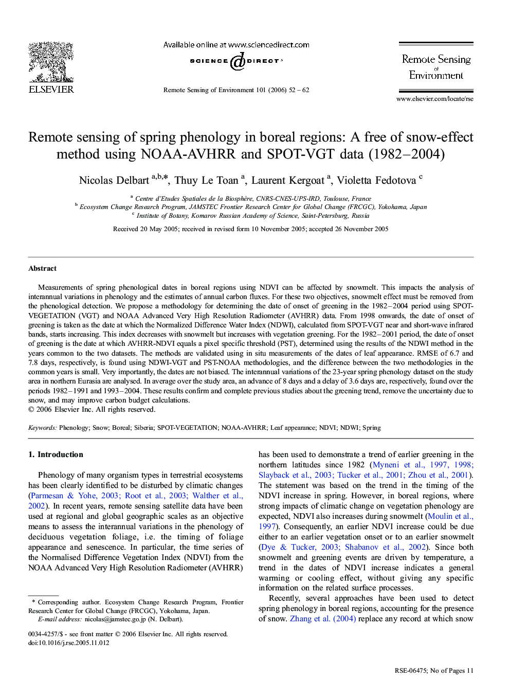 Remote sensing of spring phenology in boreal regions: A free of snow-effect method using NOAA-AVHRR and SPOT-VGT data (1982–2004)