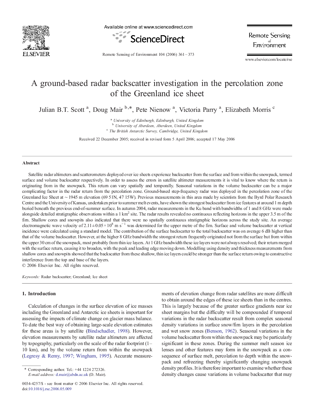 A ground-based radar backscatter investigation in the percolation zone of the Greenland ice sheet