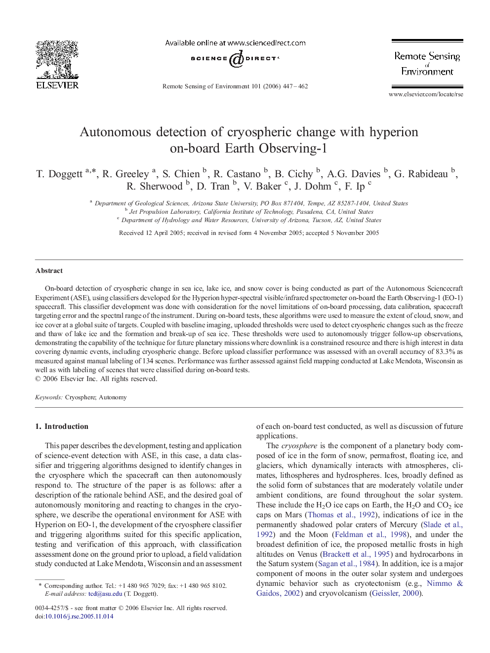 Autonomous detection of cryospheric change with hyperion on-board Earth Observing-1