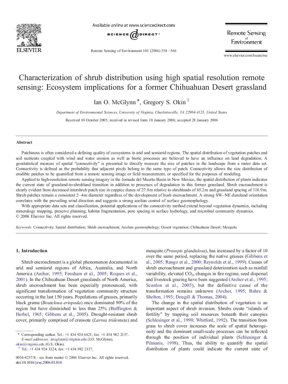 Characterization of shrub distribution using high spatial resolution remote sensing: Ecosystem implications for a former Chihuahuan Desert grassland