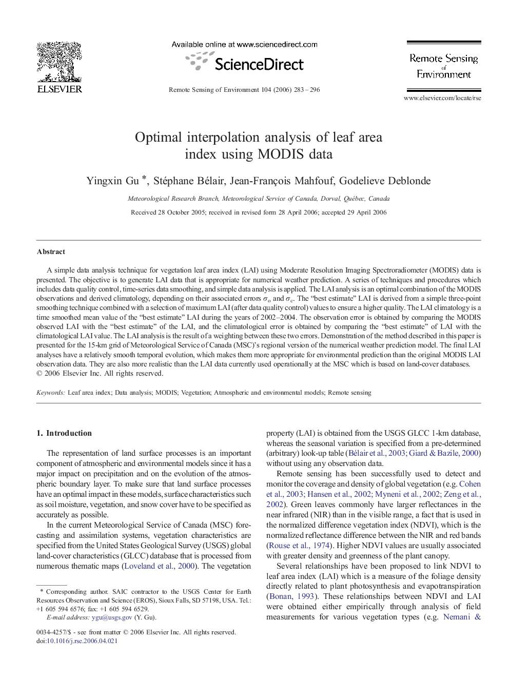 Optimal interpolation analysis of leaf area index using MODIS data