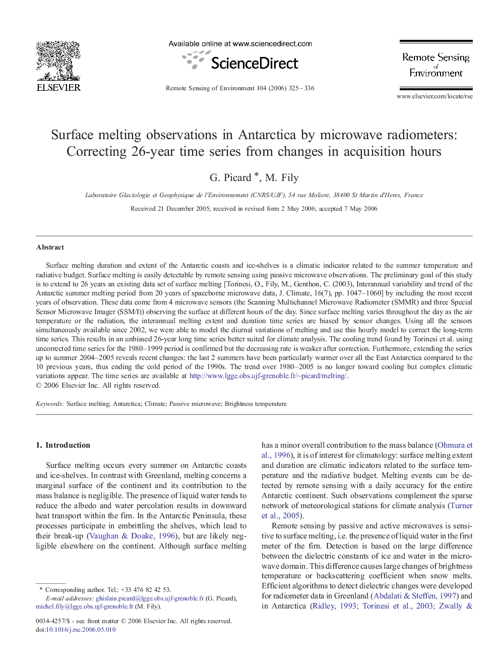 Surface melting observations in Antarctica by microwave radiometers: Correcting 26-year time series from changes in acquisition hours