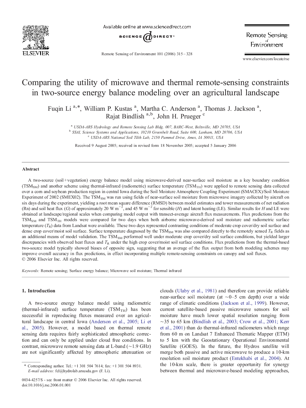 Comparing the utility of microwave and thermal remote-sensing constraints in two-source energy balance modeling over an agricultural landscape