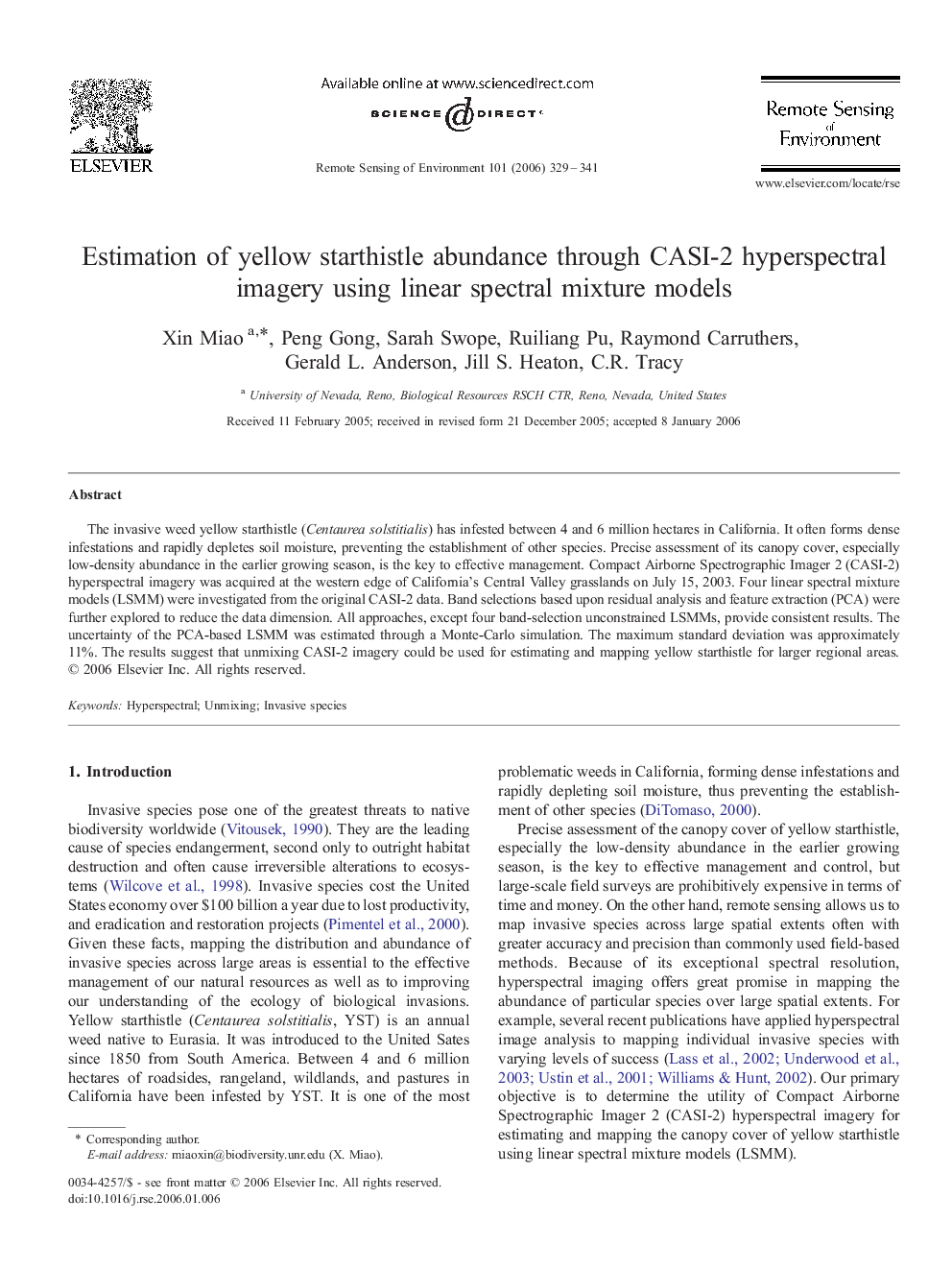 Estimation of yellow starthistle abundance through CASI-2 hyperspectral imagery using linear spectral mixture models