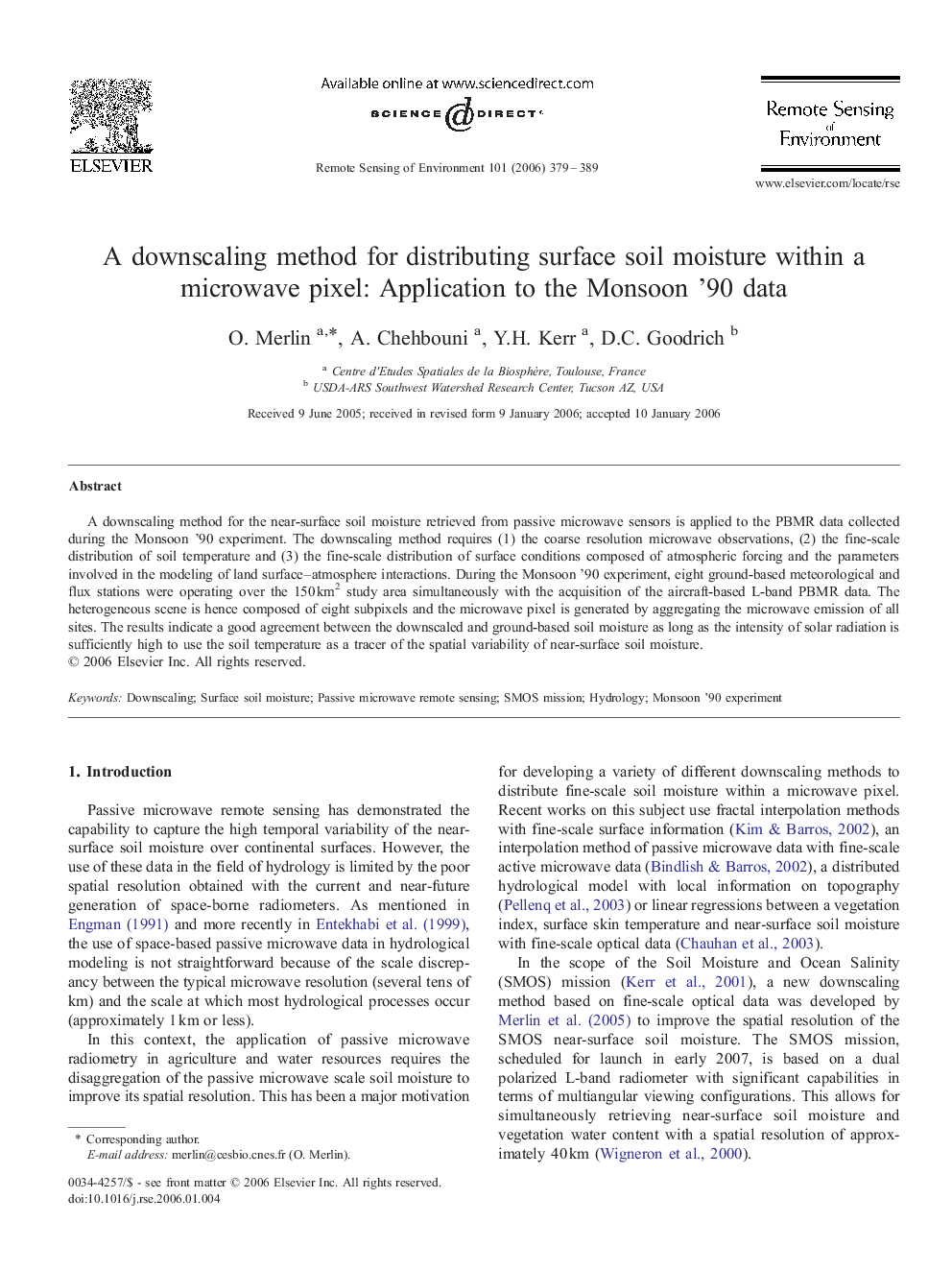 A downscaling method for distributing surface soil moisture within a microwave pixel: Application to the Monsoon '90 data