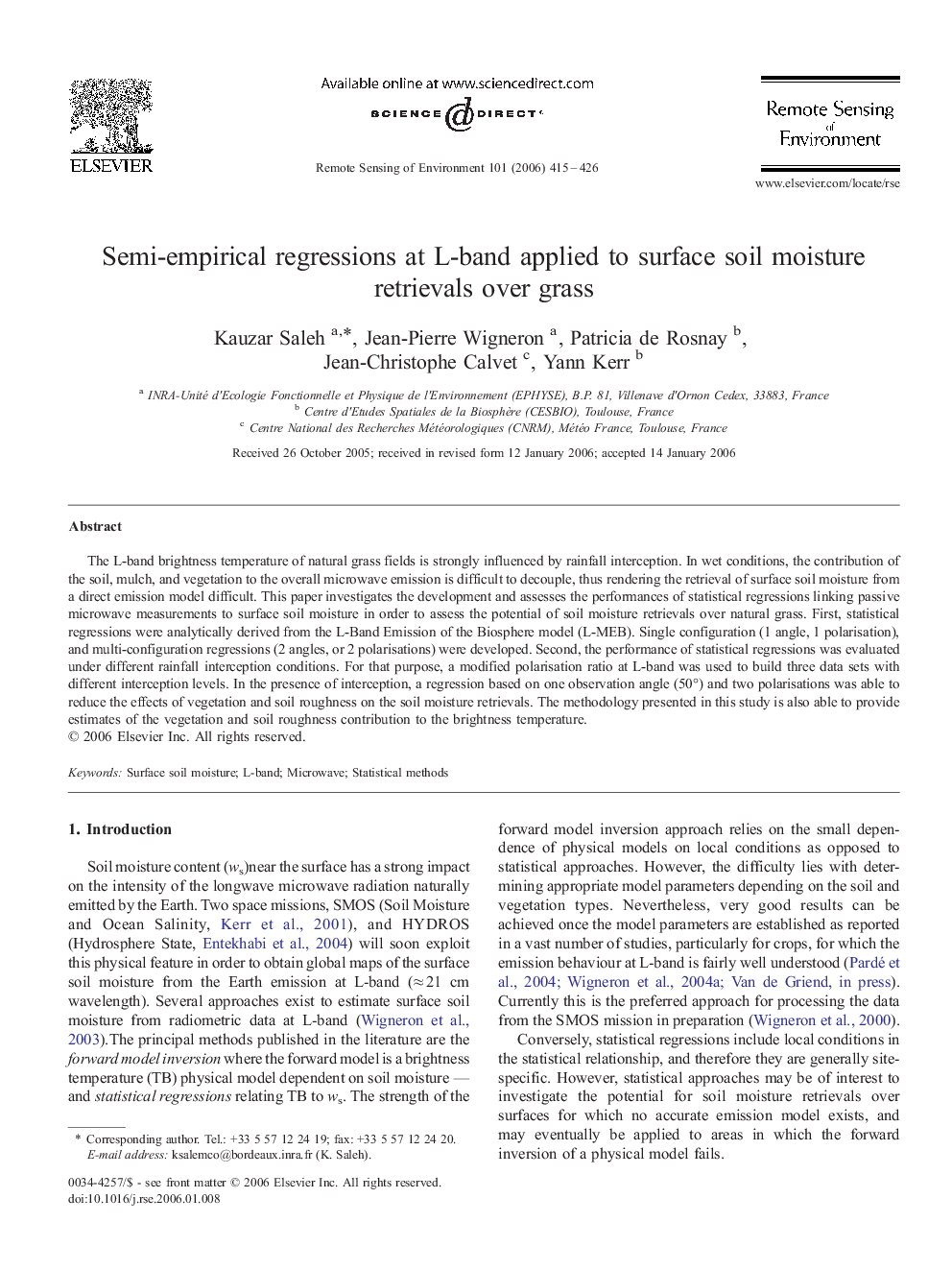 Semi-empirical regressions at L-band applied to surface soil moisture retrievals over grass