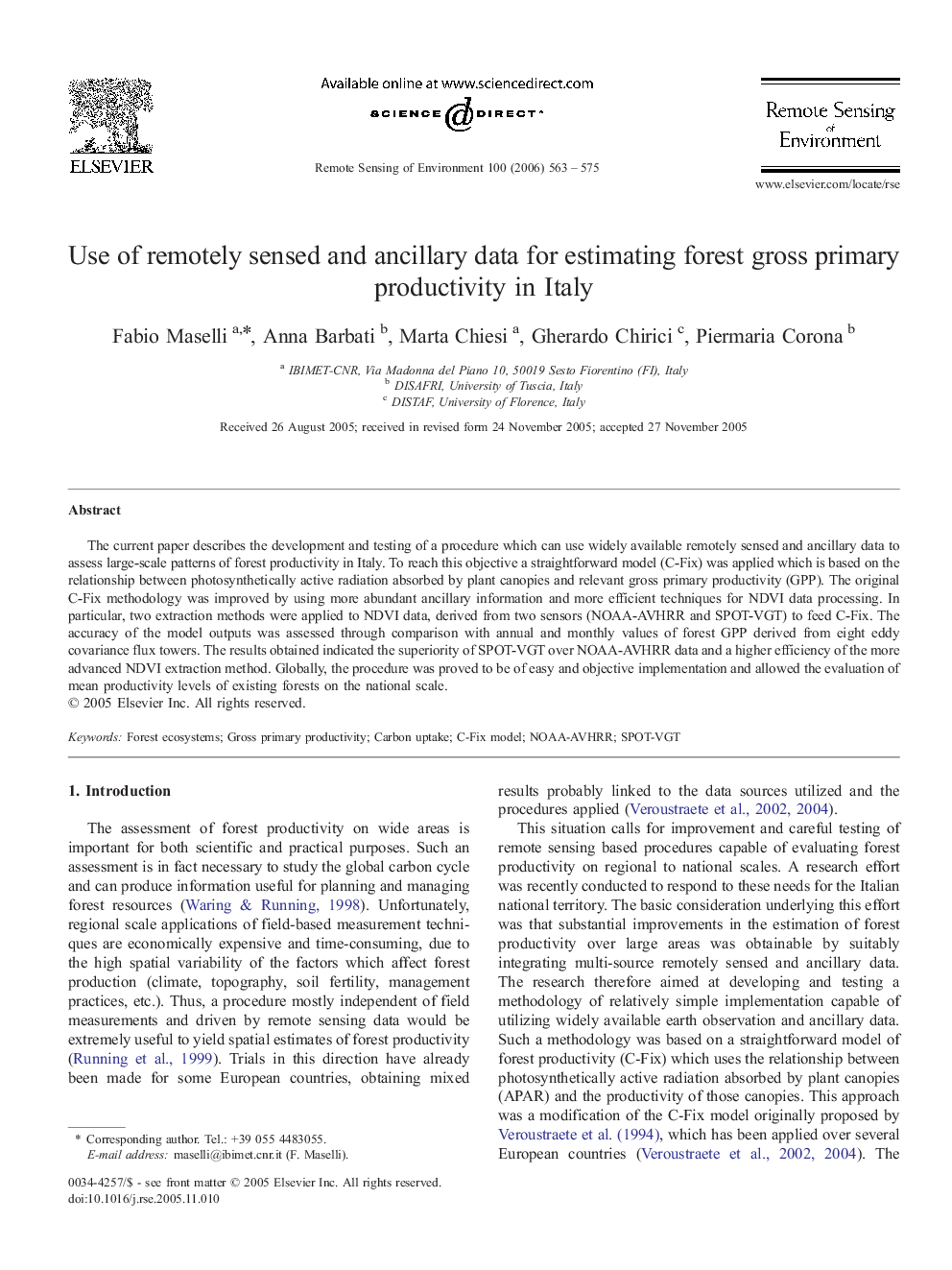 Use of remotely sensed and ancillary data for estimating forest gross primary productivity in Italy