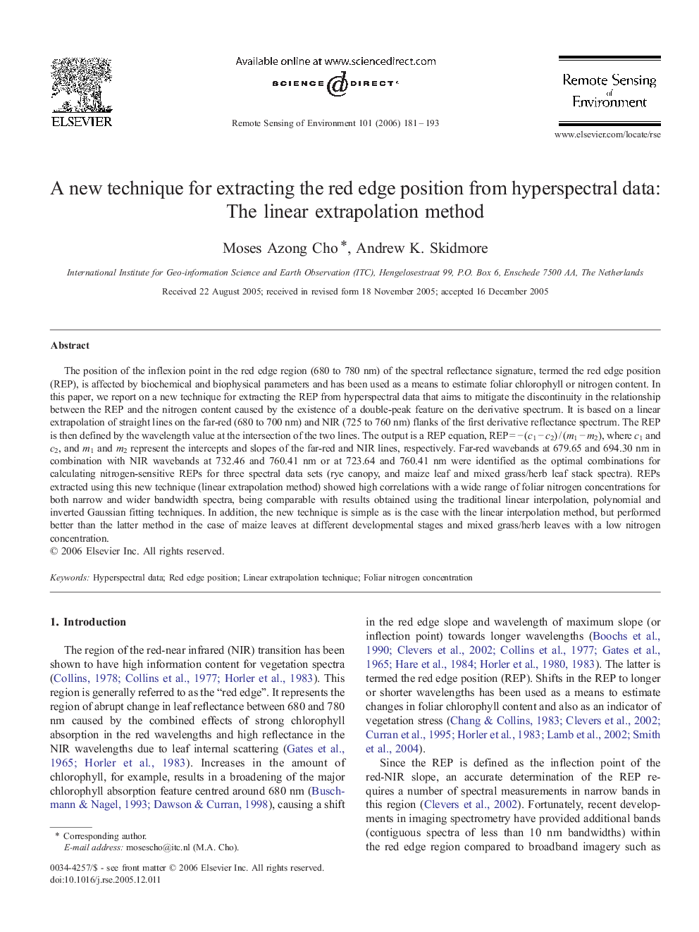 A new technique for extracting the red edge position from hyperspectral data: The linear extrapolation method