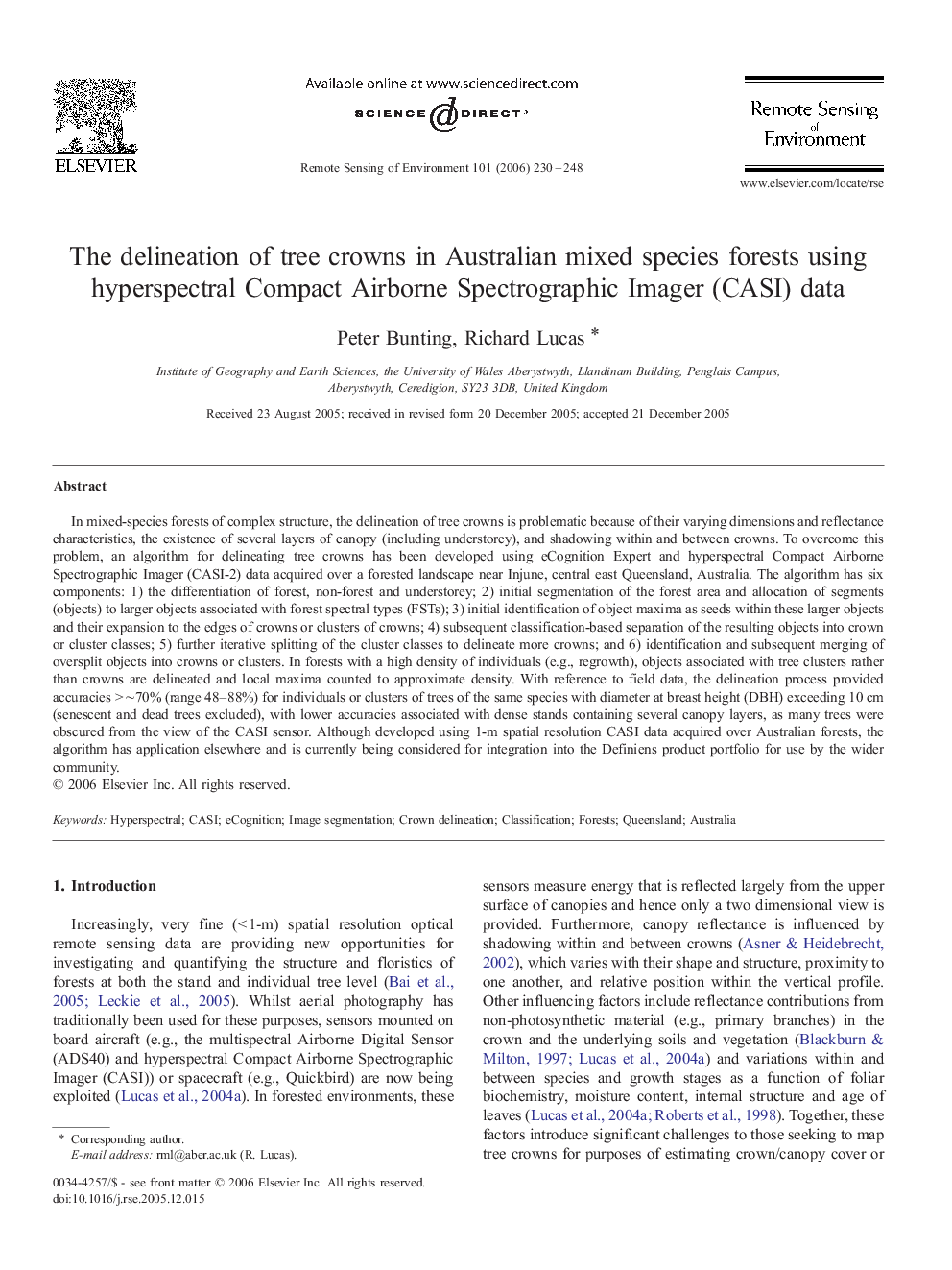 The delineation of tree crowns in Australian mixed species forests using hyperspectral Compact Airborne Spectrographic Imager (CASI) data