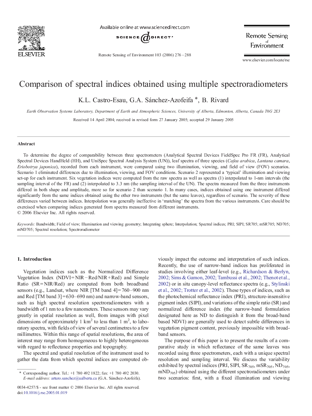 Comparison of spectral indices obtained using multiple spectroradiometers