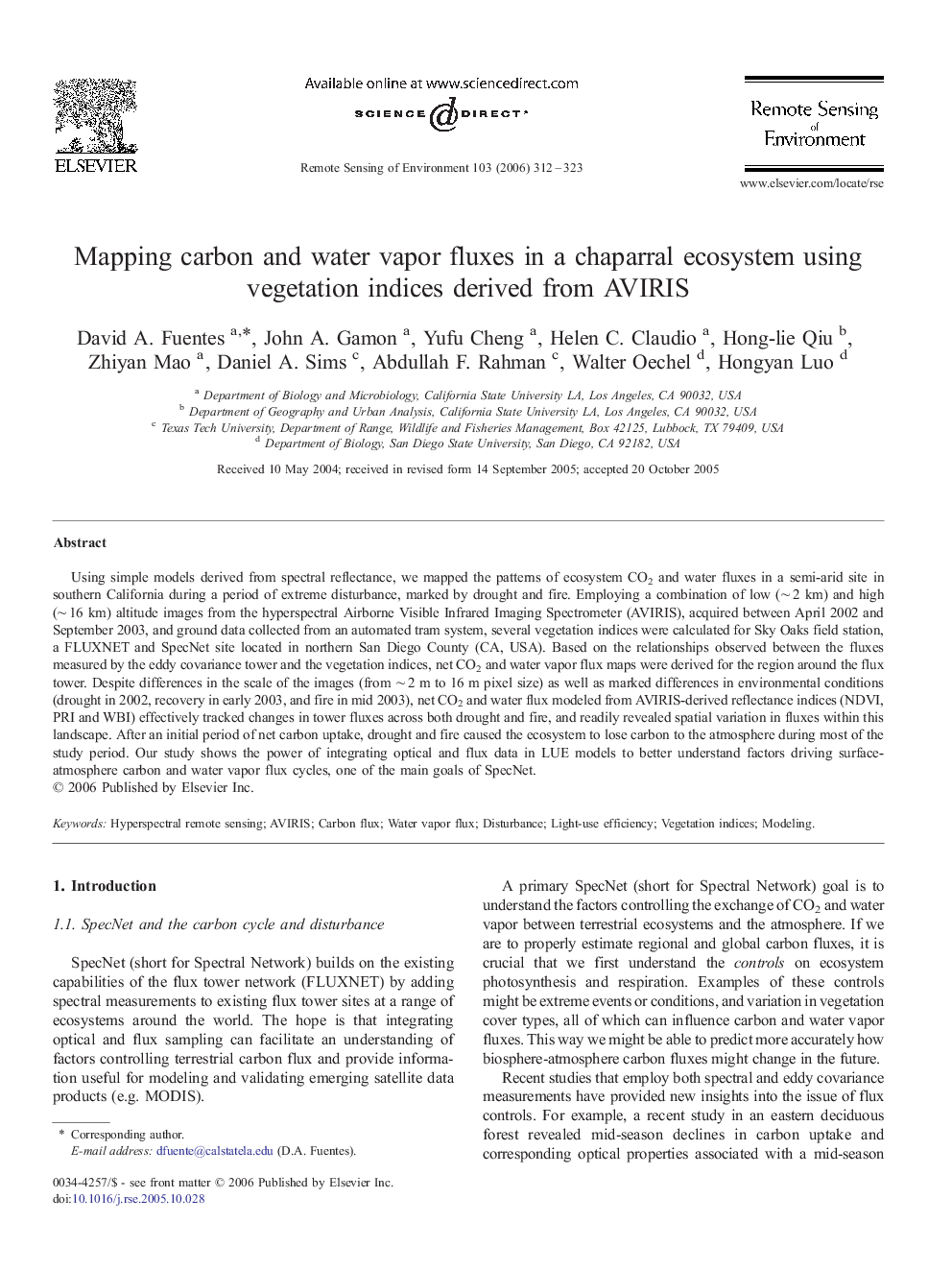 Mapping carbon and water vapor fluxes in a chaparral ecosystem using vegetation indices derived from AVIRIS