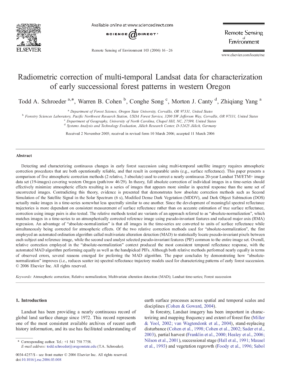 Radiometric correction of multi-temporal Landsat data for characterization of early successional forest patterns in western Oregon