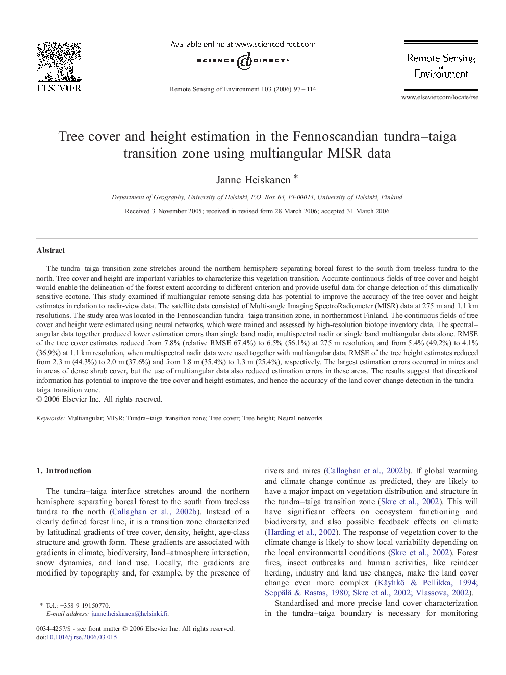 Tree cover and height estimation in the Fennoscandian tundra–taiga transition zone using multiangular MISR data