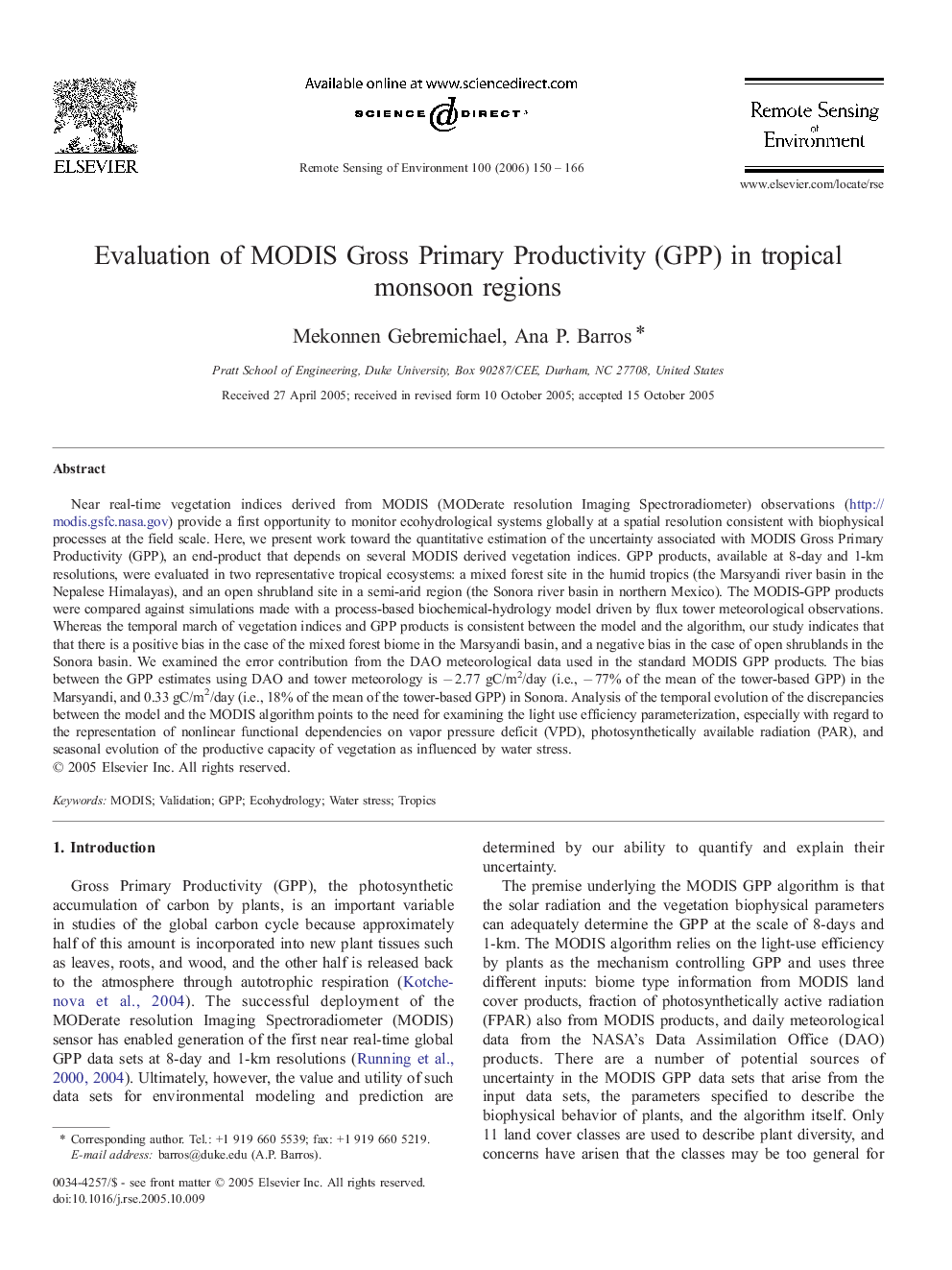 Evaluation of MODIS Gross Primary Productivity (GPP) in tropical monsoon regions