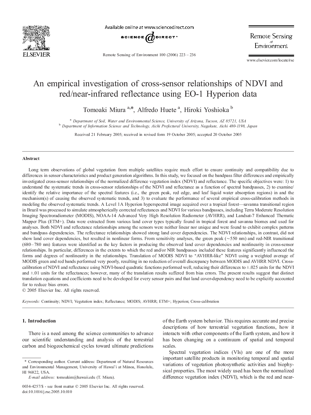 An empirical investigation of cross-sensor relationships of NDVI and red/near-infrared reflectance using EO-1 Hyperion data