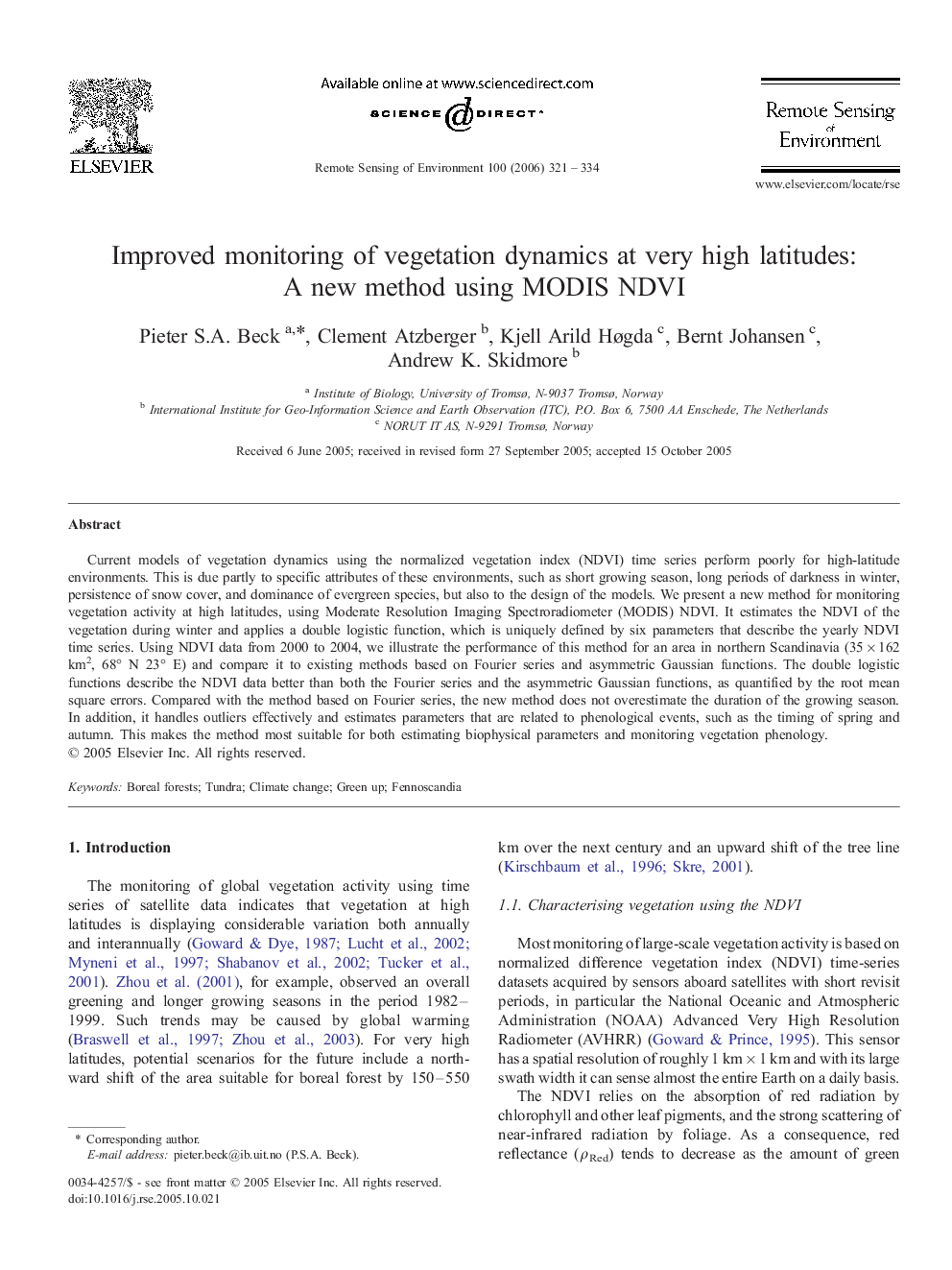 Improved monitoring of vegetation dynamics at very high latitudes: A new method using MODIS NDVI