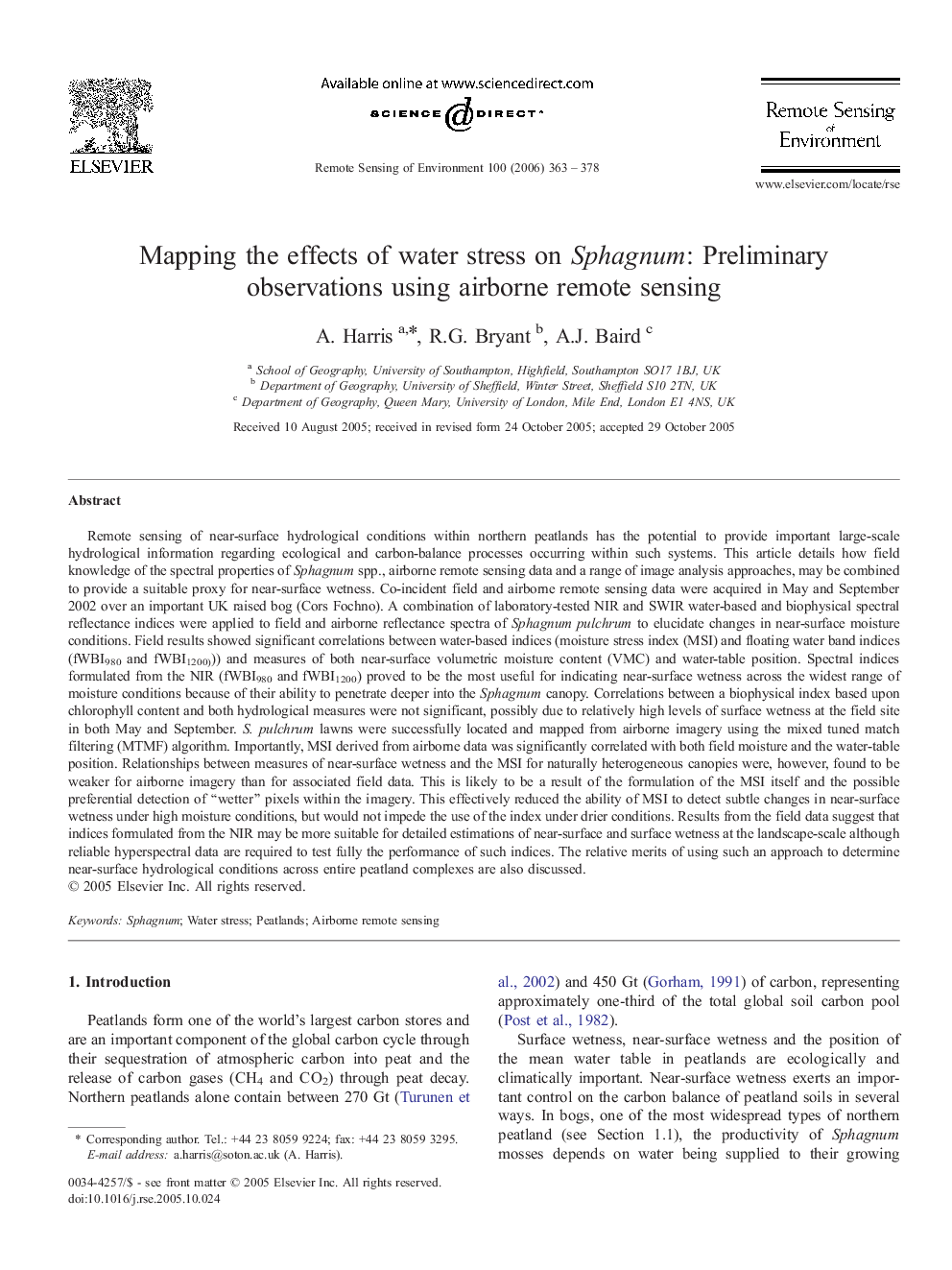 Mapping the effects of water stress on Sphagnum: Preliminary observations using airborne remote sensing