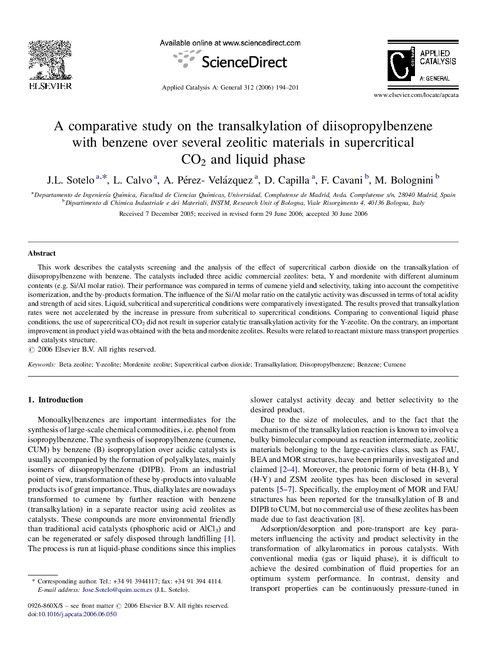 A comparative study on the transalkylation of diisopropylbenzene with benzene over several zeolitic materials in supercritical CO2 and liquid phase