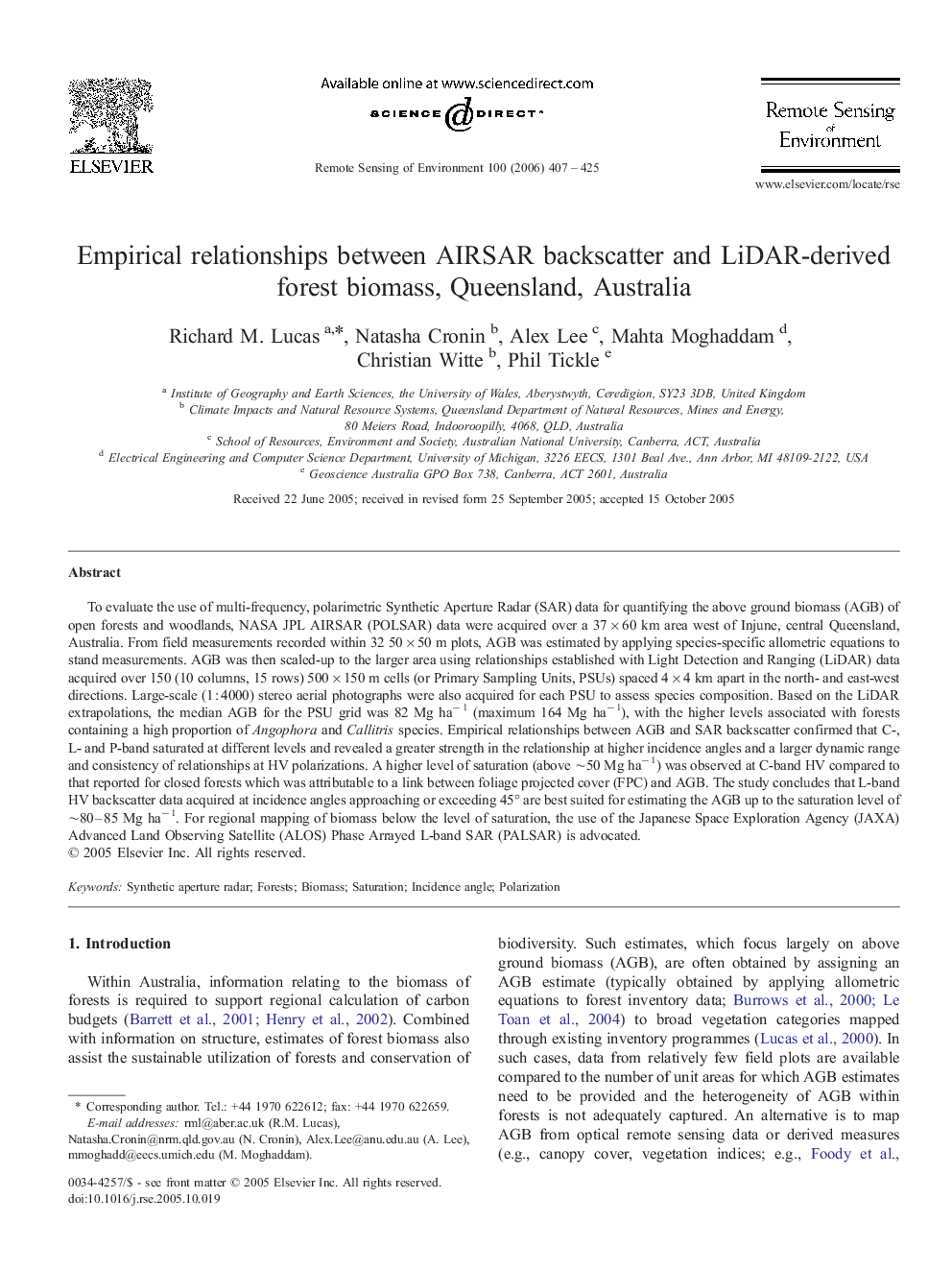 Empirical relationships between AIRSAR backscatter and LiDAR-derived forest biomass, Queensland, Australia