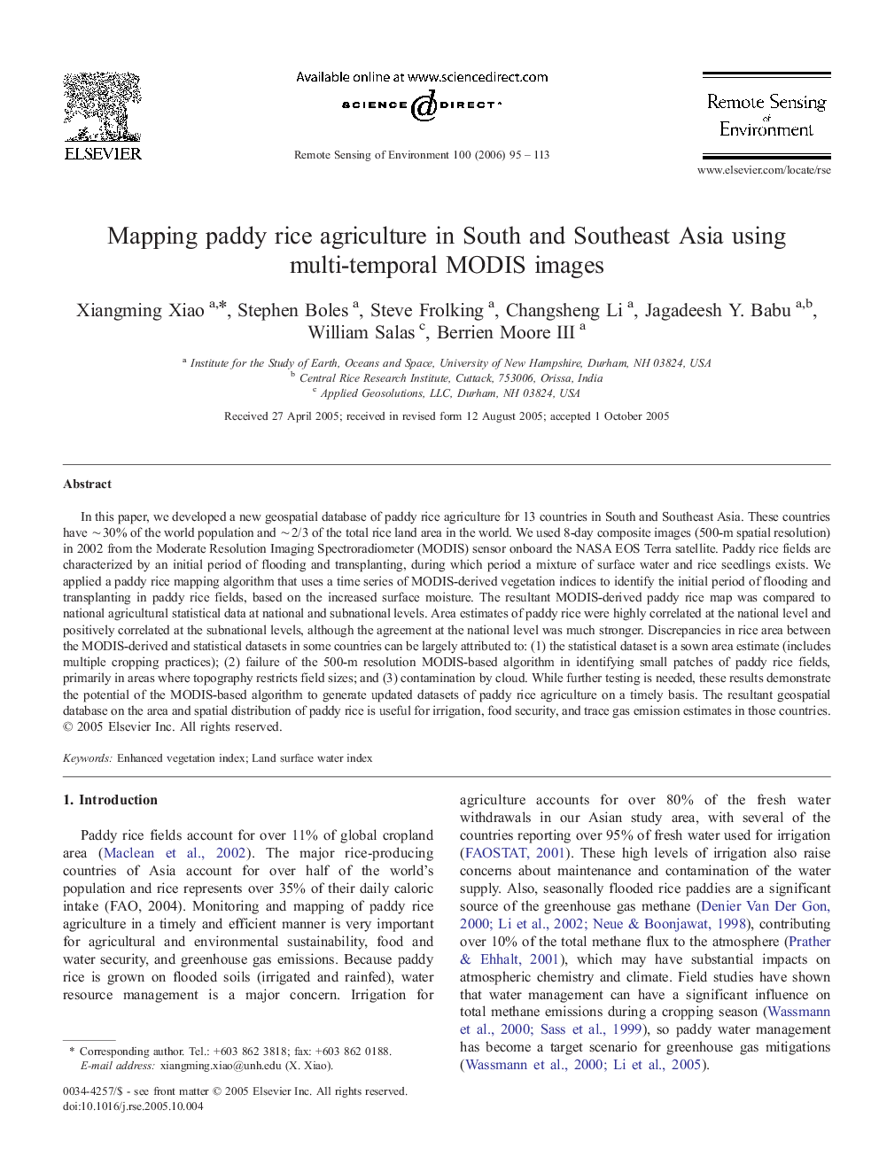 Mapping paddy rice agriculture in South and Southeast Asia using multi-temporal MODIS images