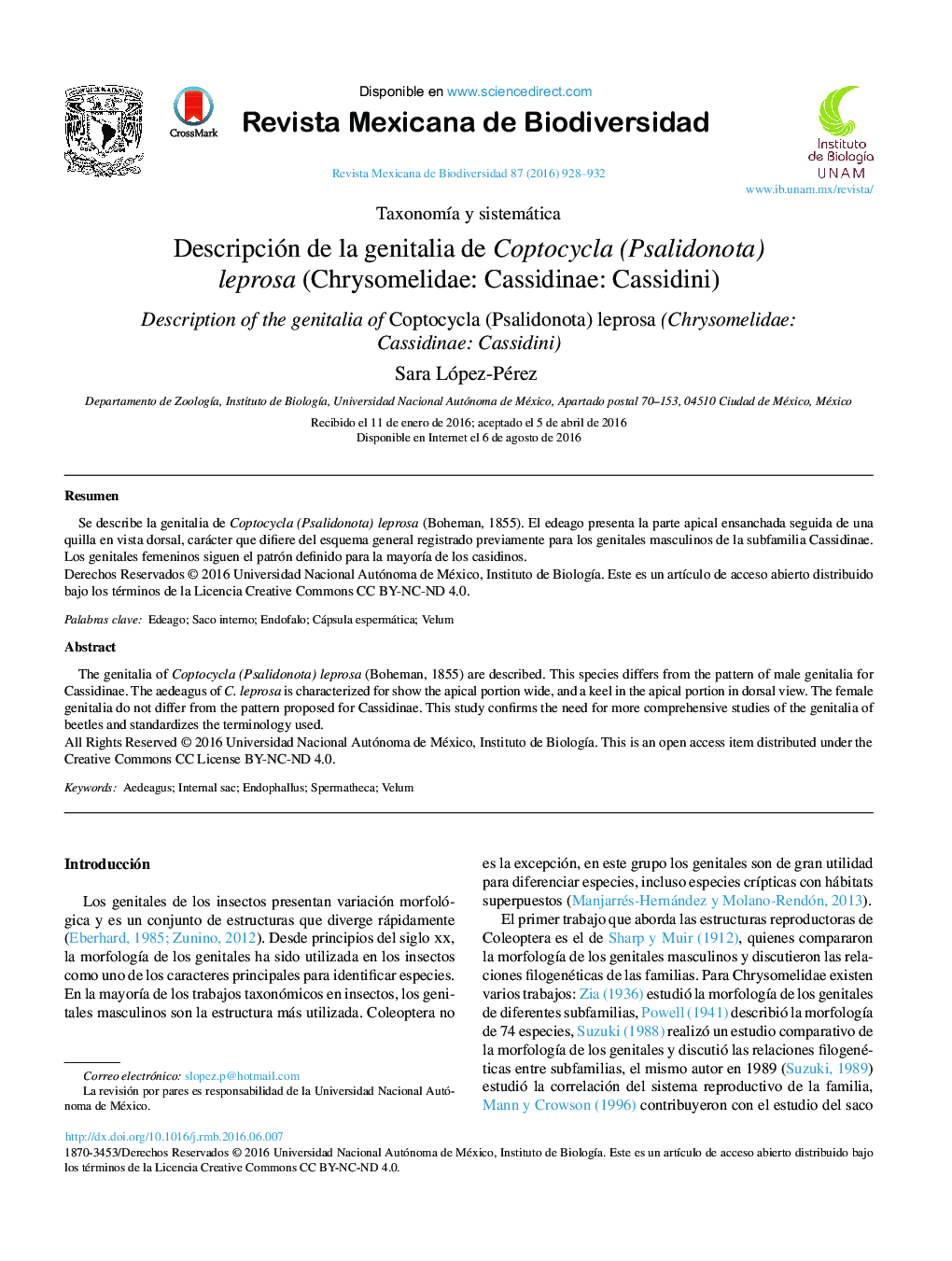 Descripción de la genitalia de Coptocycla (Psalidonota) leprosa (Chrysomelidae: Cassidinae: Cassidini) 