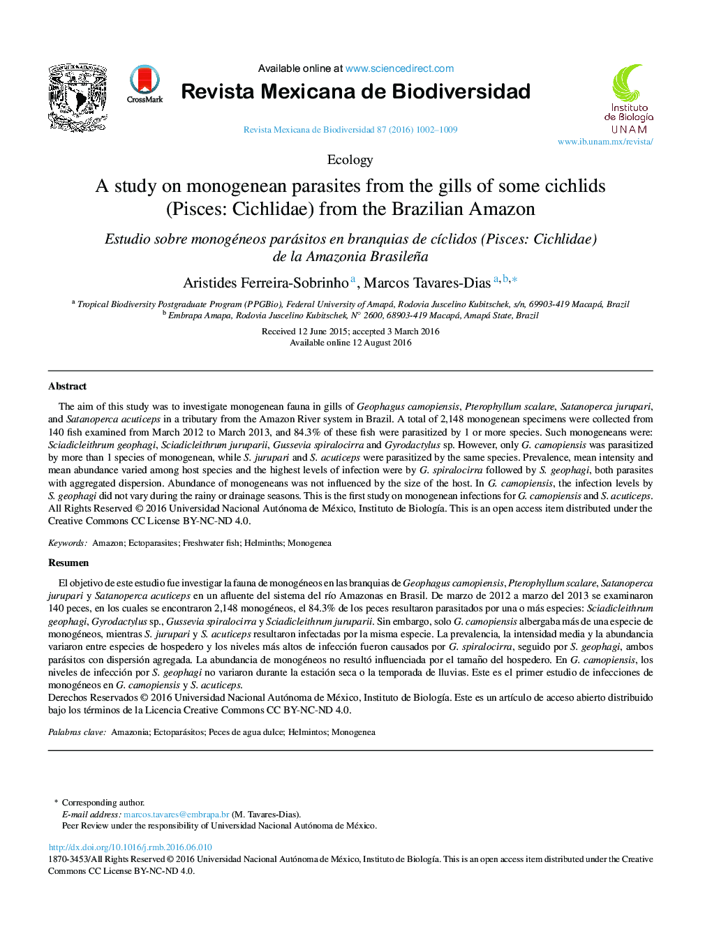 A study on monogenean parasites from the gills of some cichlids (Pisces: Cichlidae) from the Brazilian Amazon 