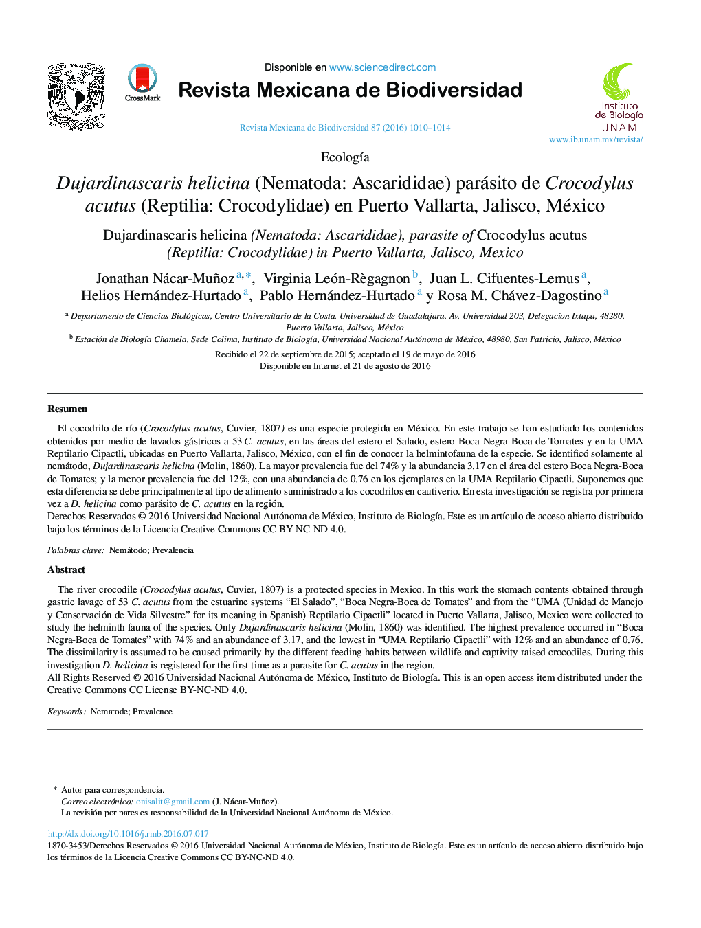 Dujardinascaris helicina (Nematoda: Ascarididae) parásito de Crocodylus acutus (Reptilia: Crocodylidae) en Puerto Vallarta, Jalisco, México 