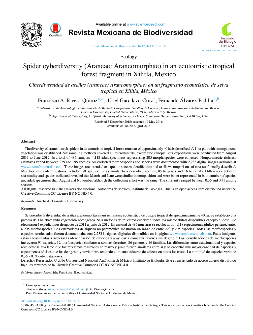 Spider cyberdiversity (Araneae: Araneomorphae) in an ecotouristic tropical forest fragment in Xilitla, Mexico 