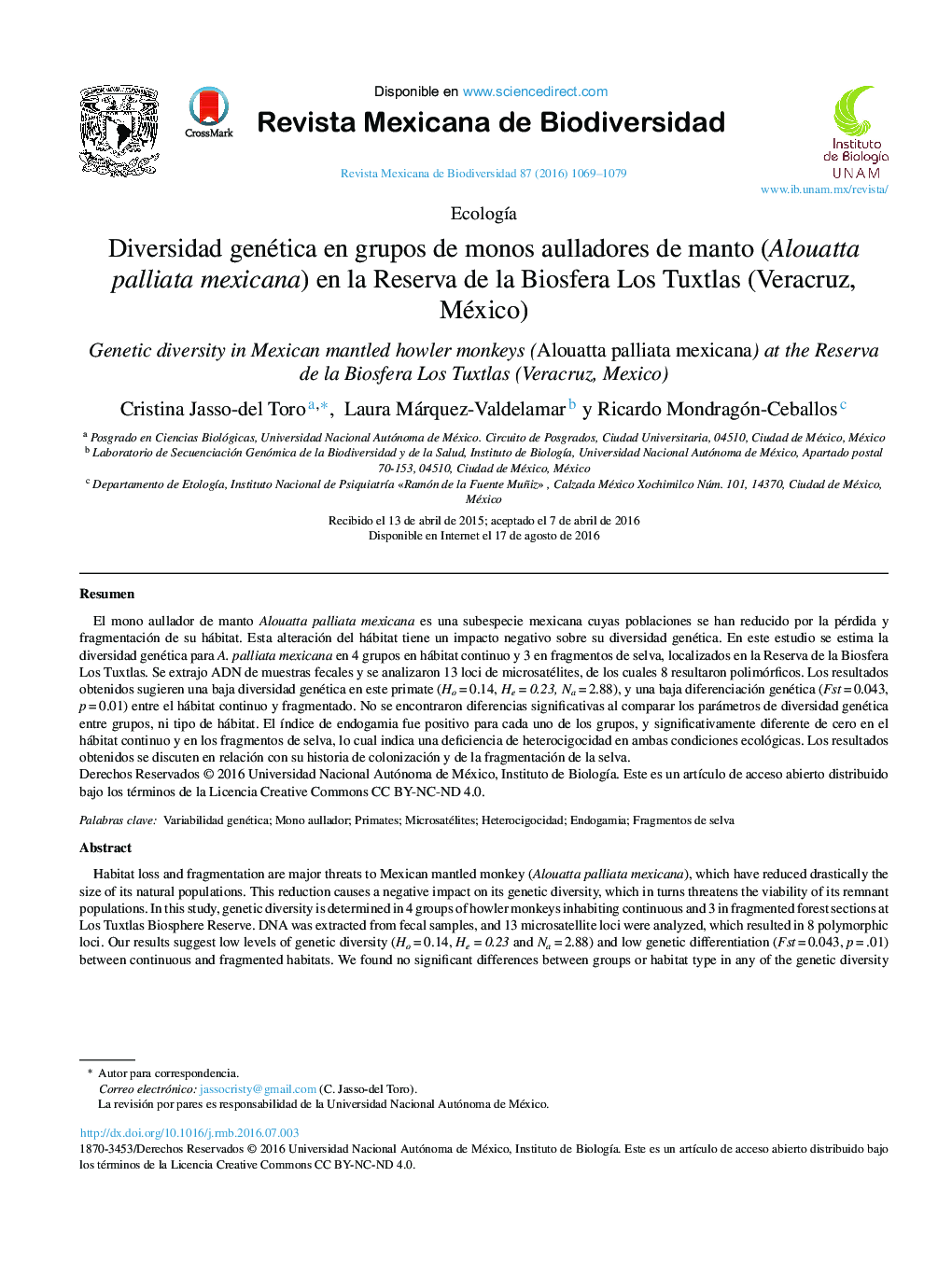 Diversidad genética en grupos de monos aulladores de manto (Alouatta palliata mexicana) en la Reserva de la Biosfera Los Tuxtlas (Veracruz, México) 