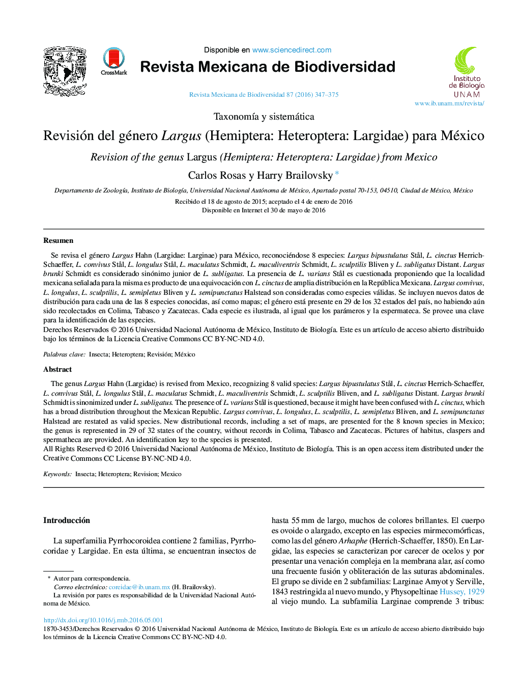 Revisión del género Largus (Hemiptera: Heteroptera: Largidae) para México 