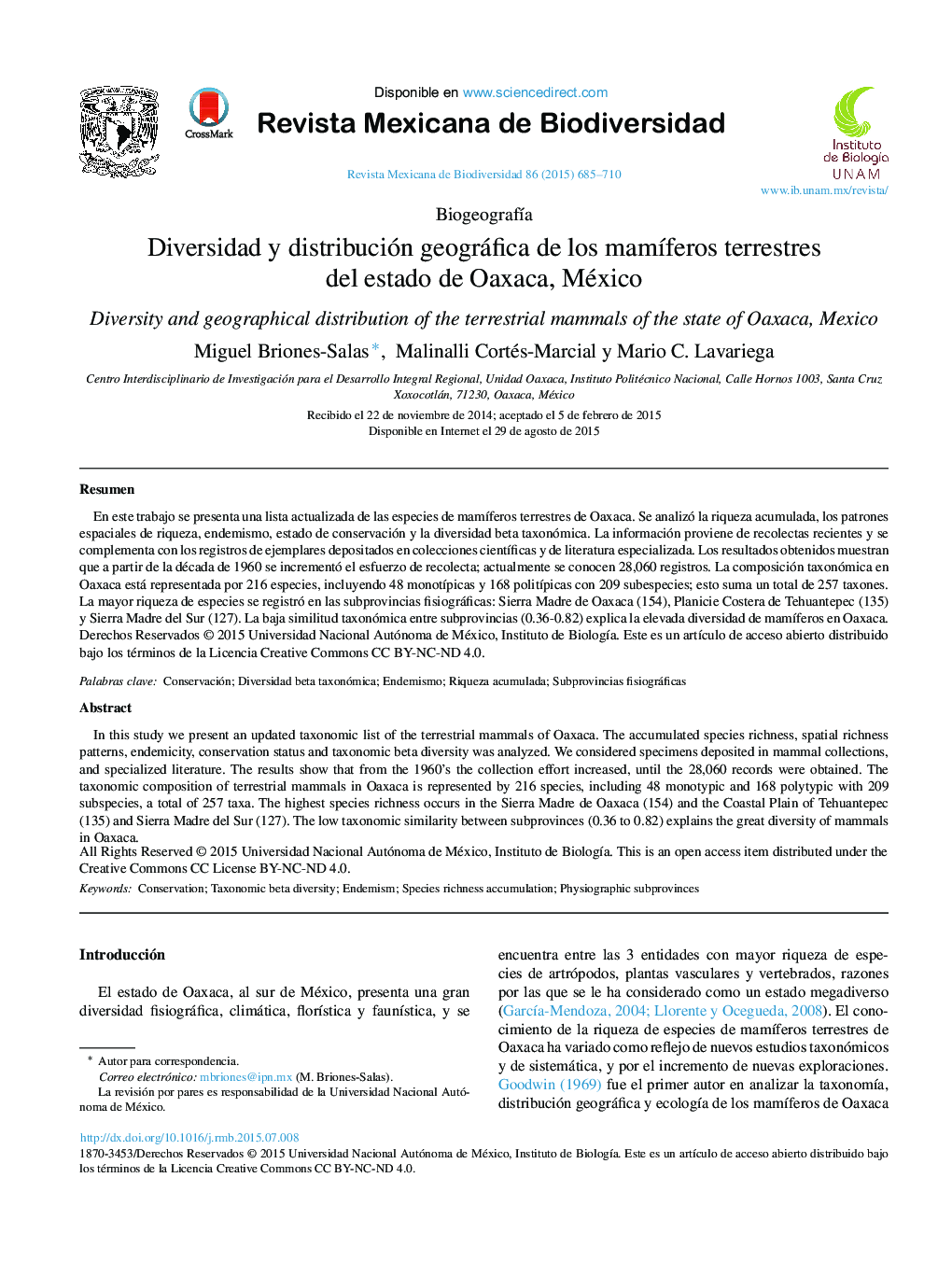 Diversidad y distribución geográfica de los mamíferos terrestres del estado de Oaxaca, México 