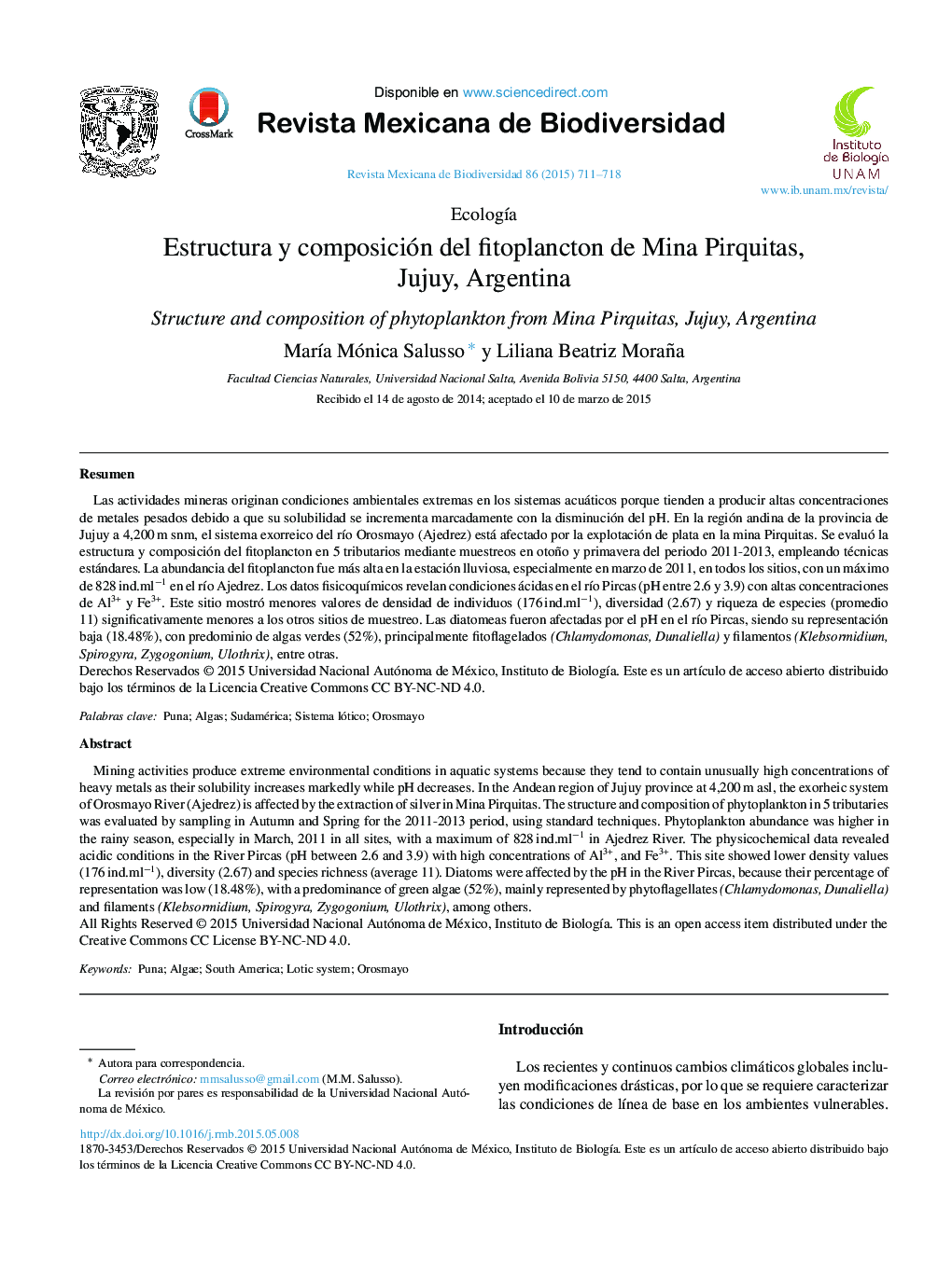 Estructura y composición del fitoplancton de Mina Pirquitas, Jujuy, Argentina 