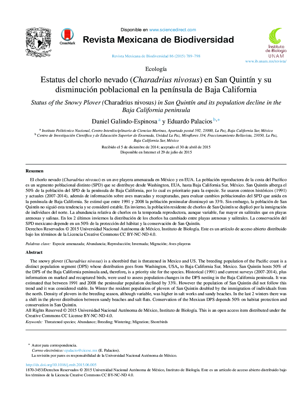 Estatus del chorlo nevado (Charadrius nivosus) en San Quintín y su disminución poblacional en la península de Baja California 