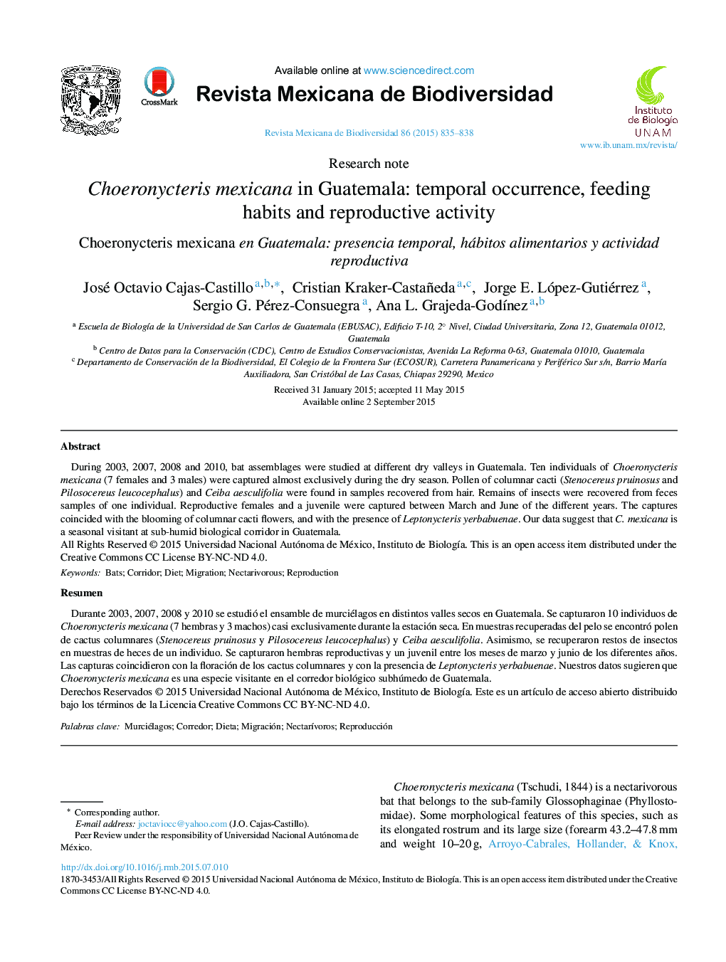 Choeronycteris mexicana in Guatemala: temporal occurrence, feeding habits and reproductive activity 