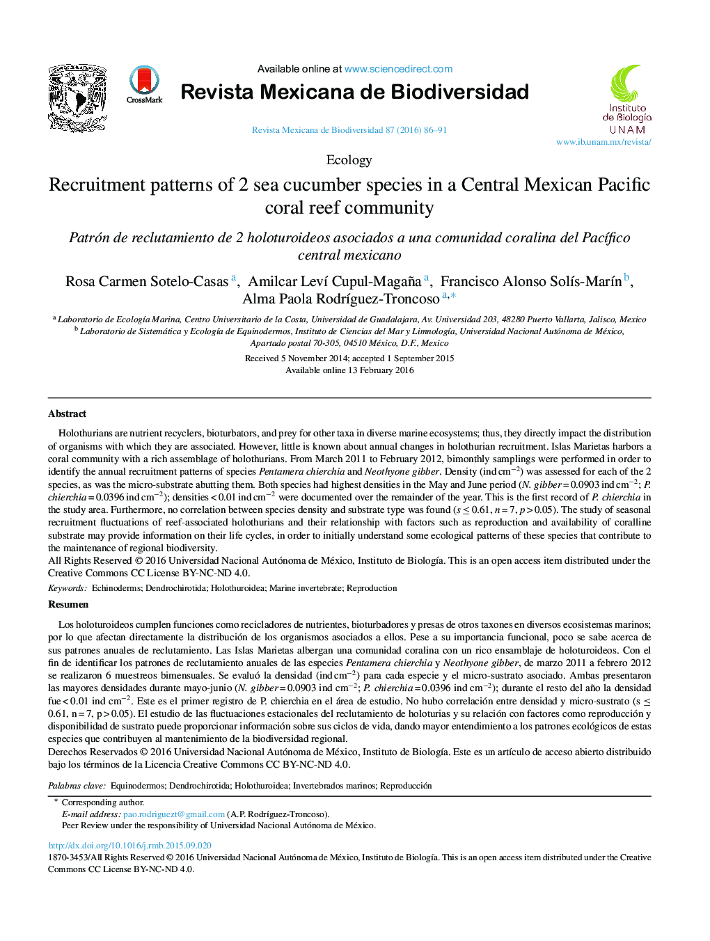 Recruitment patterns of 2 sea cucumber species in a Central Mexican Pacific coral reef community 