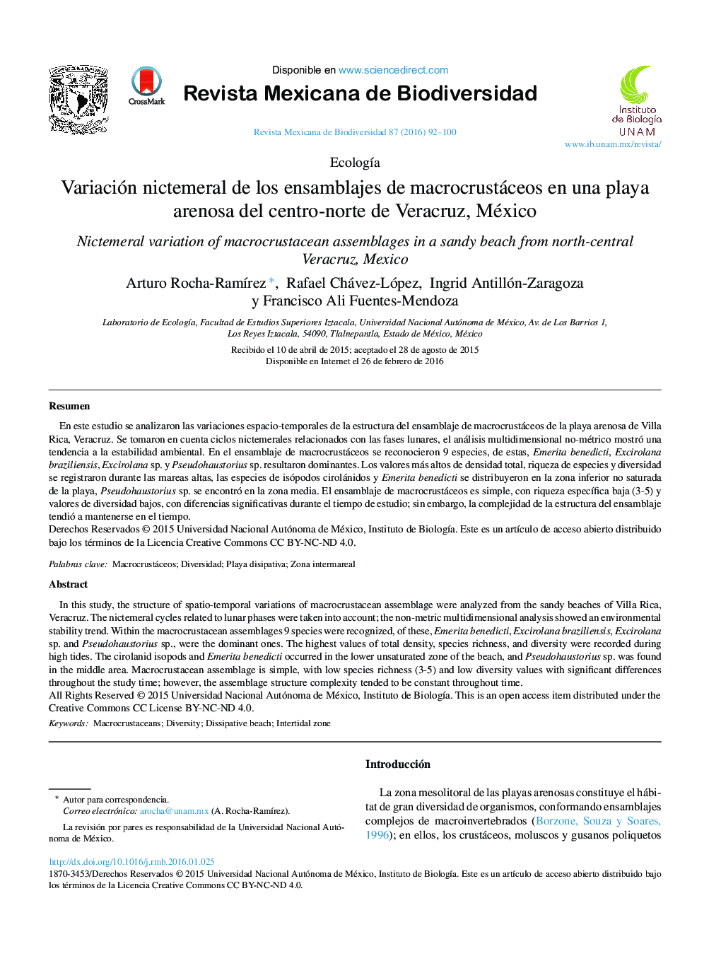 Variación nictemeral de los ensamblajes de macrocrustáceos en una playa arenosa del centro-norte de Veracruz, México 