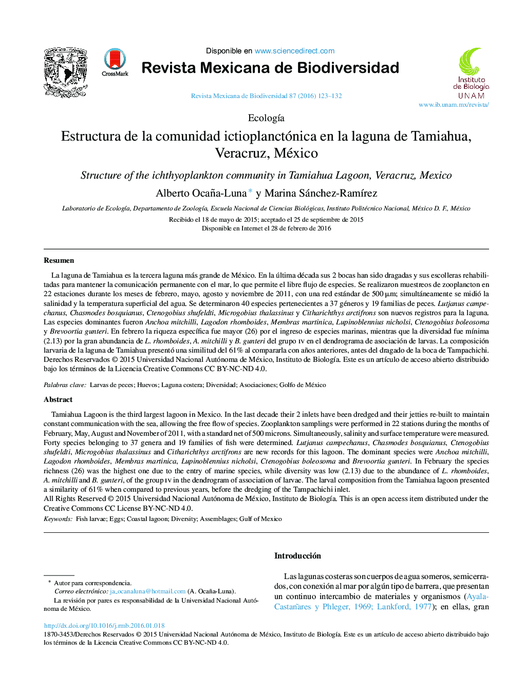 Estructura de la comunidad ictioplanctónica en la laguna de Tamiahua, Veracruz, México 