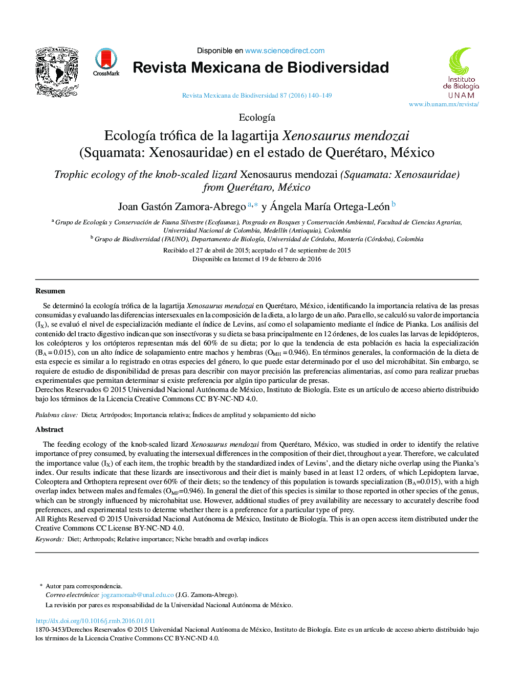 Ecología trófica de la lagartija Xenosaurus mendozai (Squamata: Xenosauridae) en el estado de Querétaro, México 
