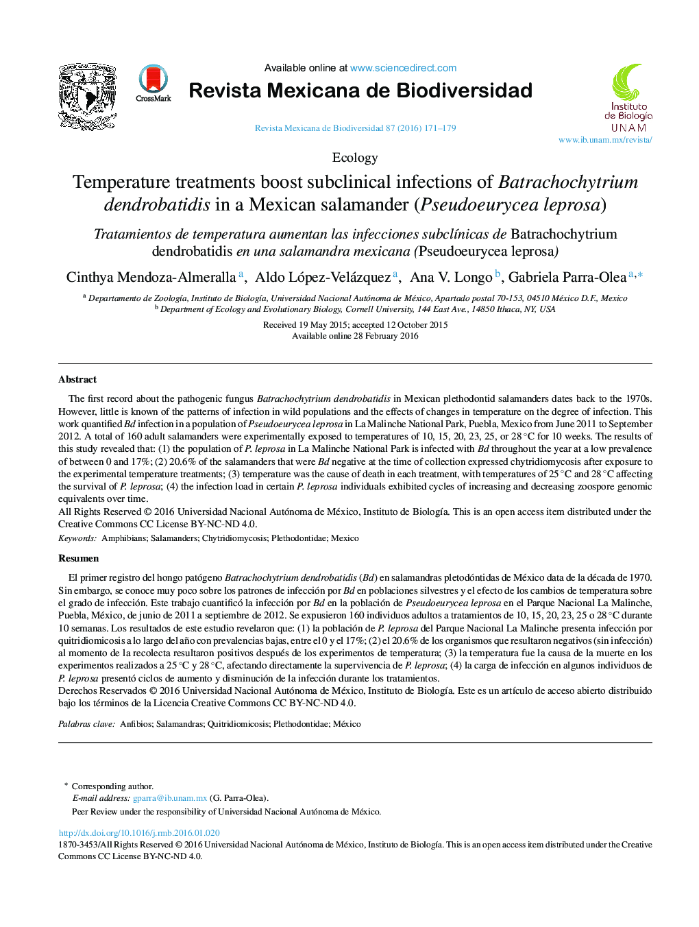 Temperature treatments boost subclinical infections of Batrachochytrium dendrobatidis in a Mexican salamander (Pseudoeurycea leprosa) 