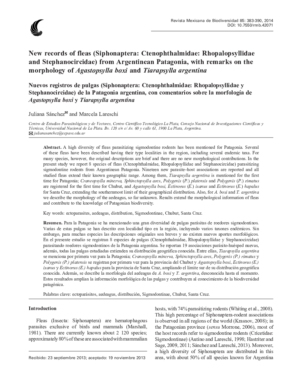 New records of fleas (Siphonaptera: Ctenophthalmidae: Rhopalopsyllidae and Stephanocircidae) from Argentinean Patagonia, with remarks on the morphology of Agastopsylla boxi and Tiarapsylla argentina