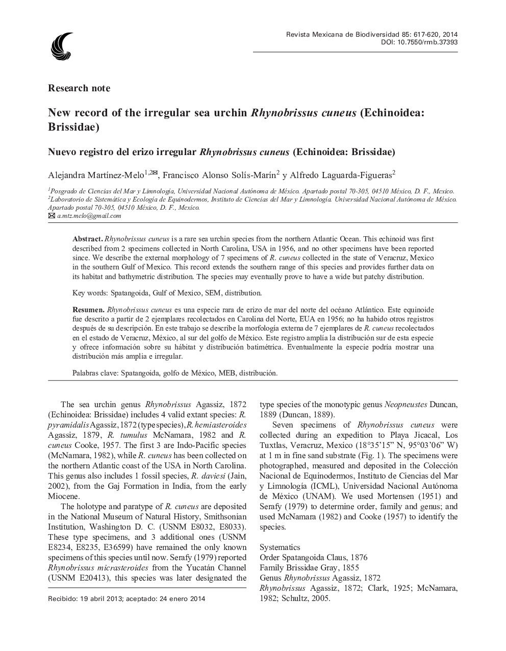 New record of the irregular sea urchin Rhynobrissus cuneus (Echinoidea: Brissidae)