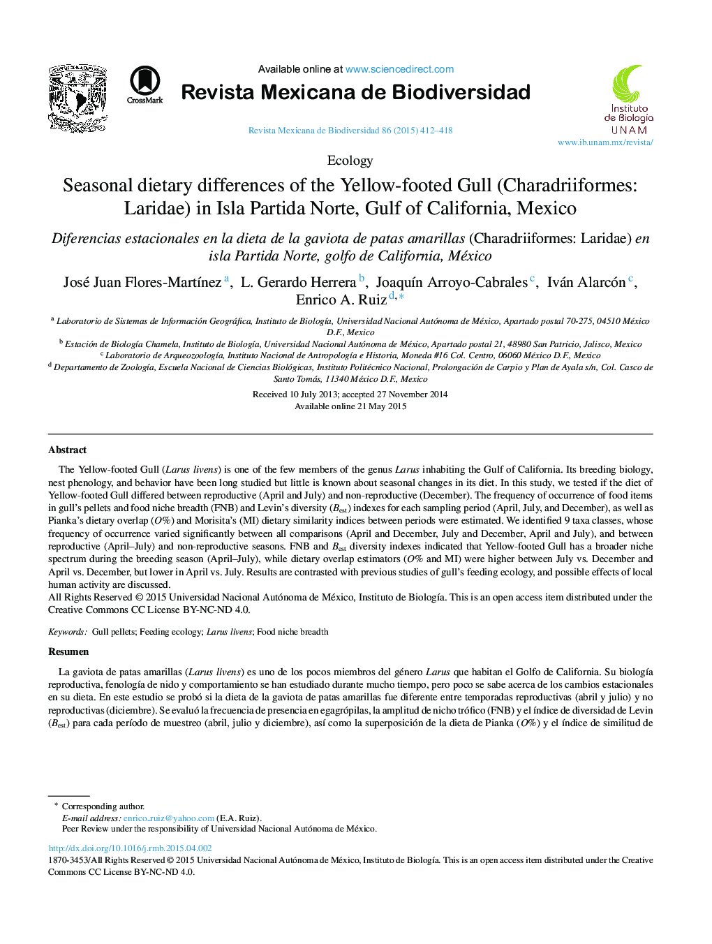 Seasonal dietary differences of the Yellow-footed Gull (Charadriiformes: Laridae) in Isla Partida Norte, Gulf of California, Mexico 