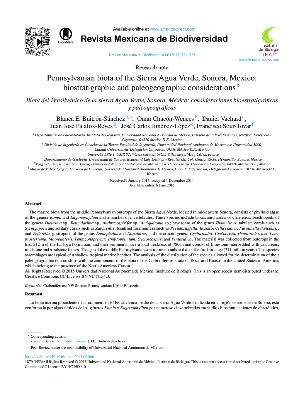 Pennsylvanian biota of the Sierra Agua Verde, Sonora, Mexico: biostratigraphic and paleogeographic considerations