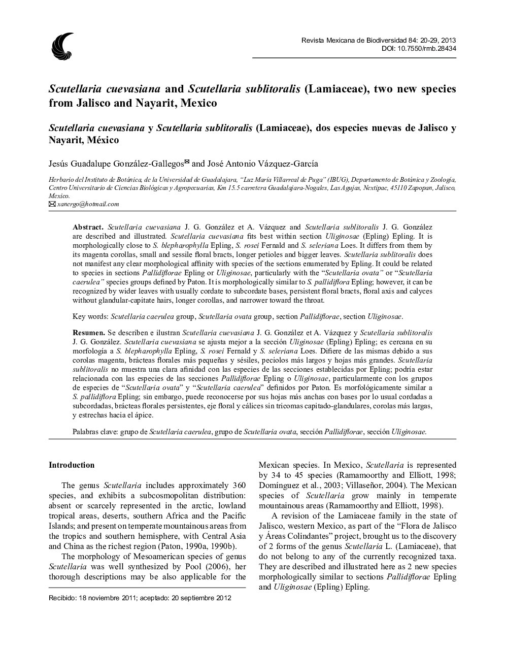 Scutellaria cuevasiana and Scutellaria sublitoralis (Lamiaceae), two new species from Jalisco and Nayarit, Mexico