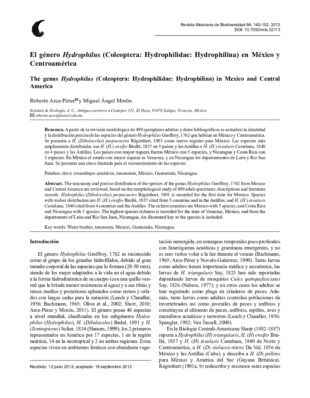 El género Hydrophilus (Coleoptera: Hydrophilidae: Hydrophilina) en México y Centroamérica