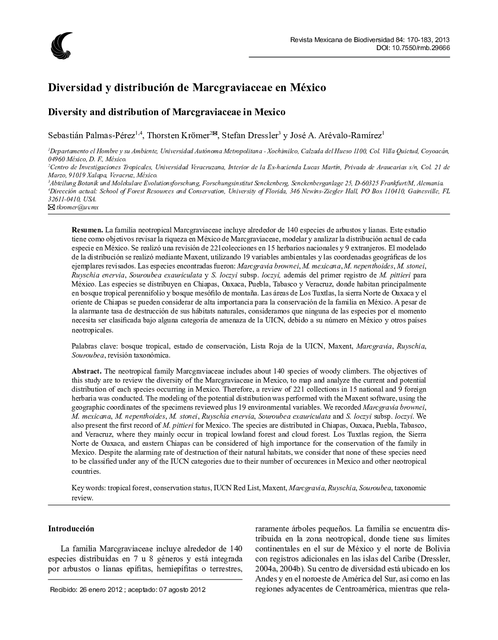 Diversidad y distribución de Marcgraviaceae en México