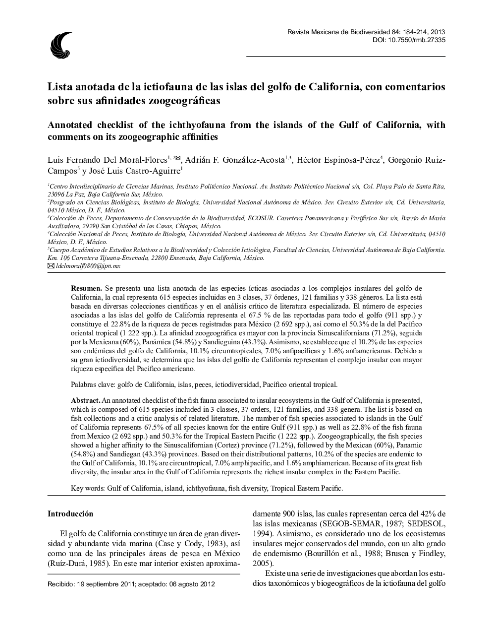 Lista anotada de la ictiofauna de las islas del golfo de California, con comentarios sobre sus afinidades zoogeográficas