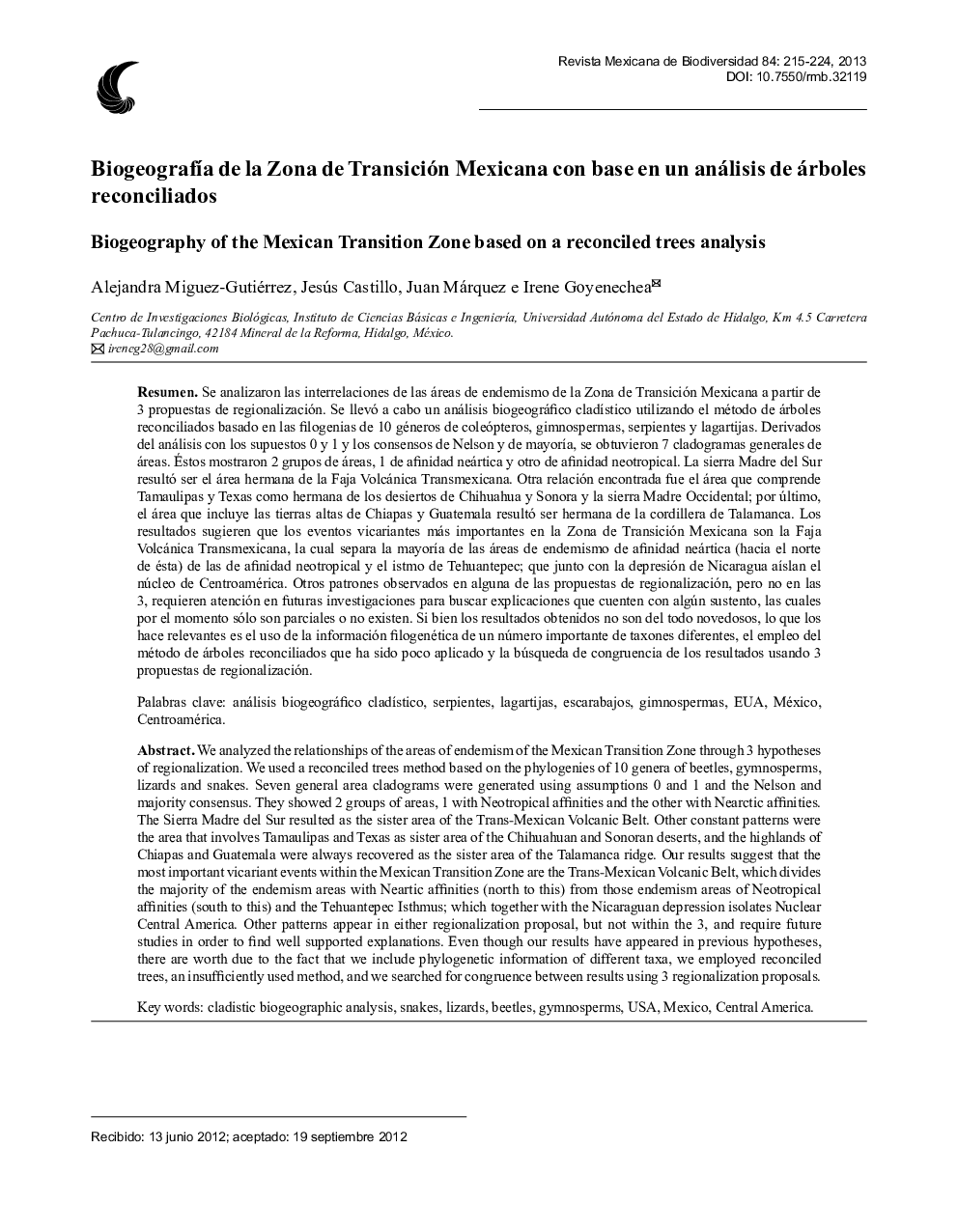 Biogeografía de la Zona de Transición Mexicana con base en un análisis de árboles reconciliados