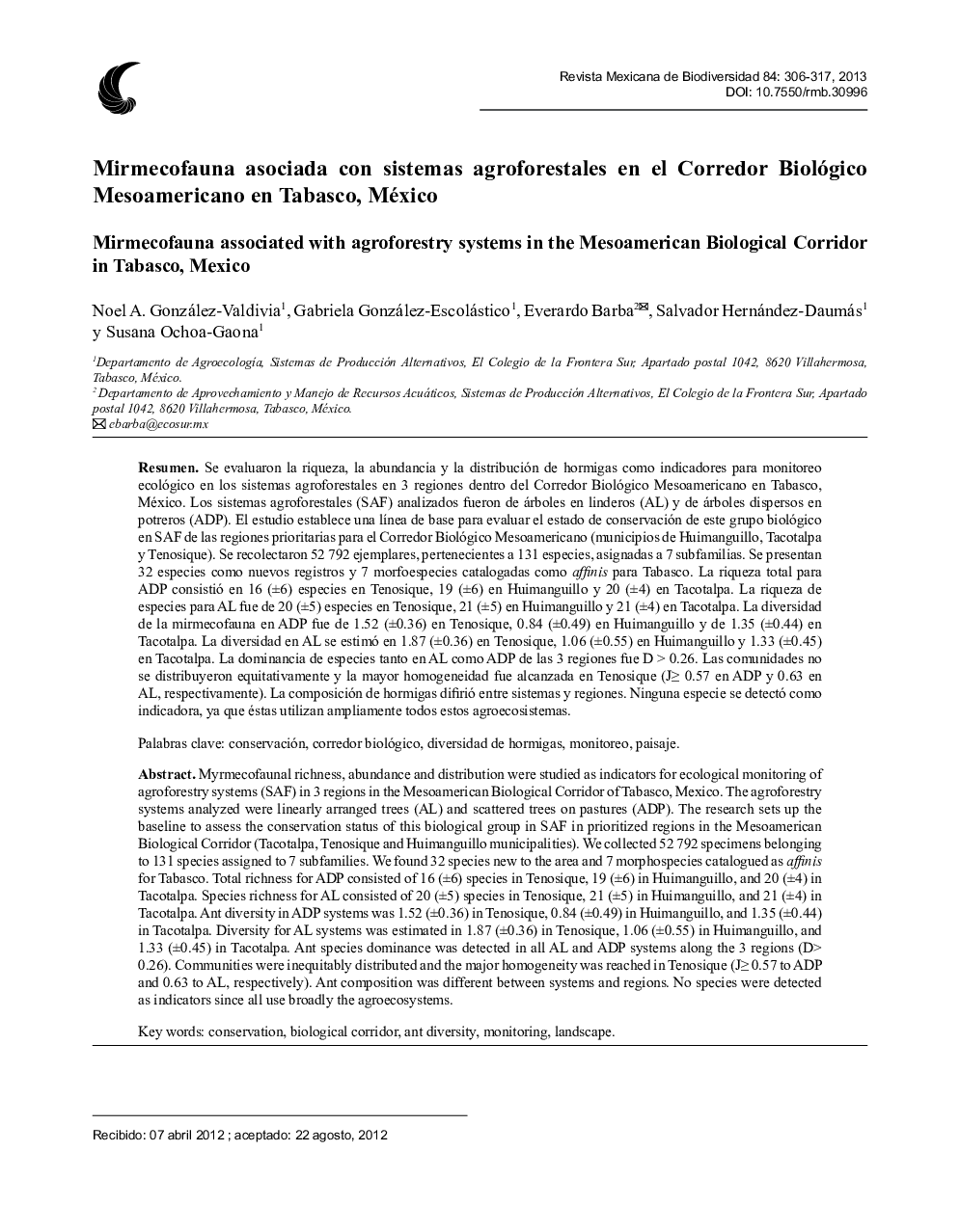 Mirmecofauna asociada con sistemas agroforestales en el Corredor Biológico Mesoamericano en Tabasco, México